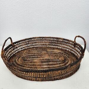 Brown Oval Shallow Bread Woven Wicker Basket with Handels Cottage Core Farm Life